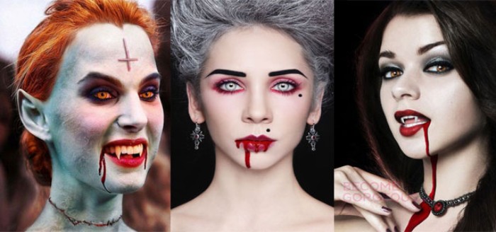 vampir schminken in drei verschiedenen varianten, damenschminke ideen schwarze haare, rote graue