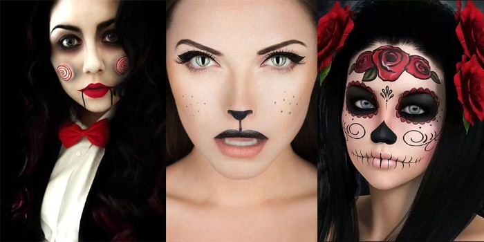 schminken halloween, schöne ideen für die damen, die präzise schminke haben wollen, rote rosen in den haaren