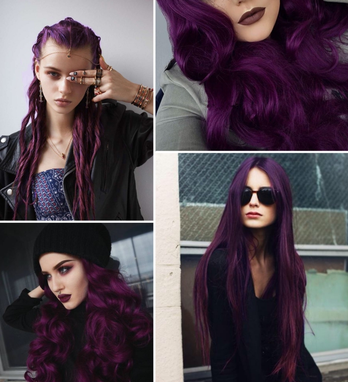 lila haarfarbe vier blider auf einmal collage von frauen mit violetten haaren