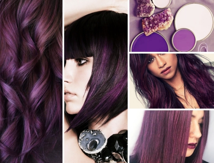 collage mit ideen zum thema haarfarbe lila, kristallen mit lila schattierungen, lila wellen in den haaren, glatte frisuren