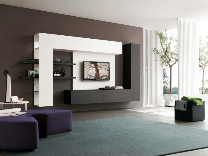 moderne wohnände, schrankwand in weiß und grau, großer teppich, lila hocker, designer möbel