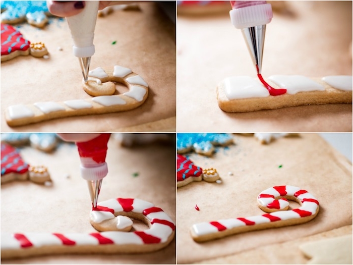 Weihnachtsplätzchen in Form von Zuckerstangen selber backen, mit roter und weißer Glasur dekorieren