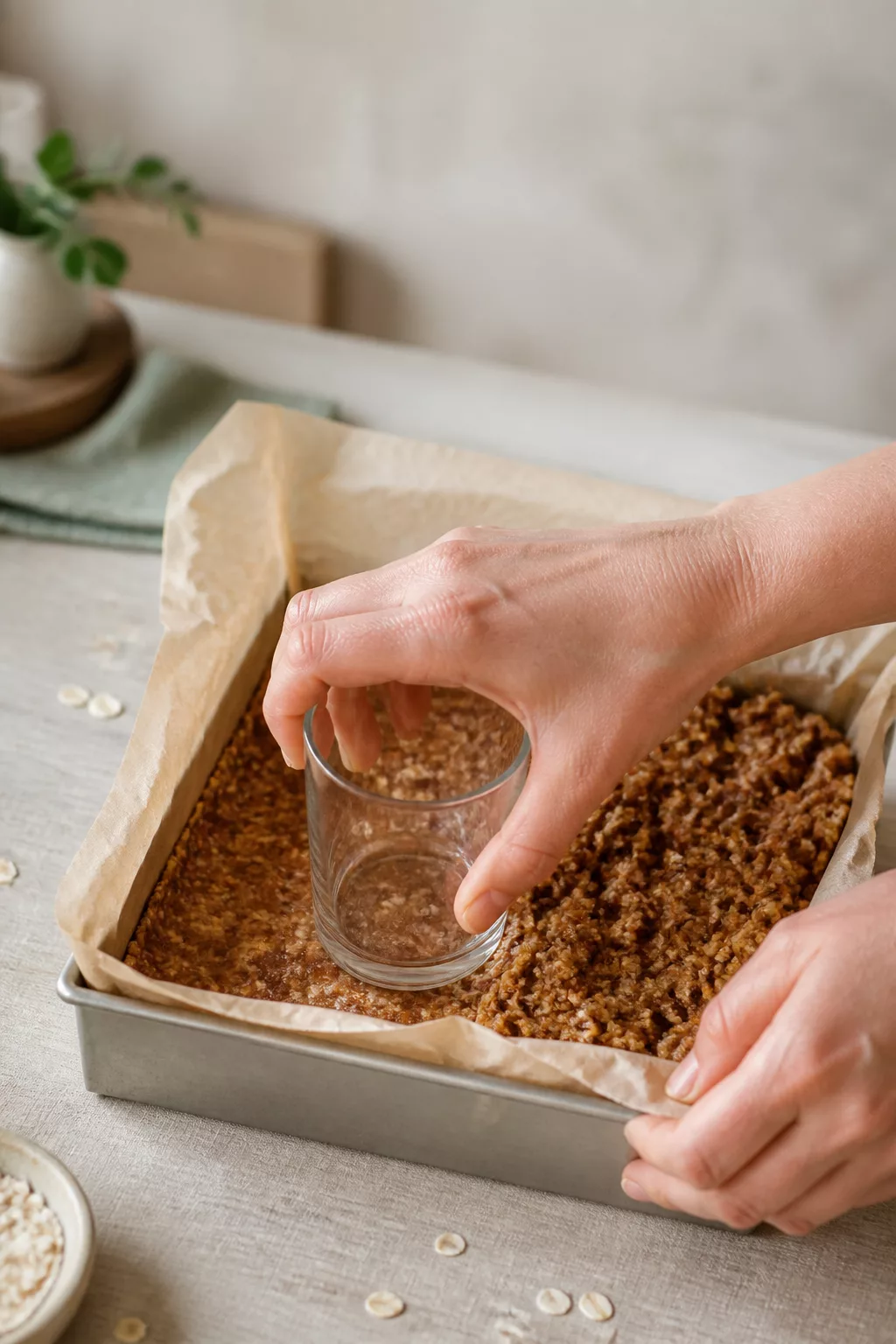 Proteinriegel-Masse wird von Hand in eine Backform gepresst