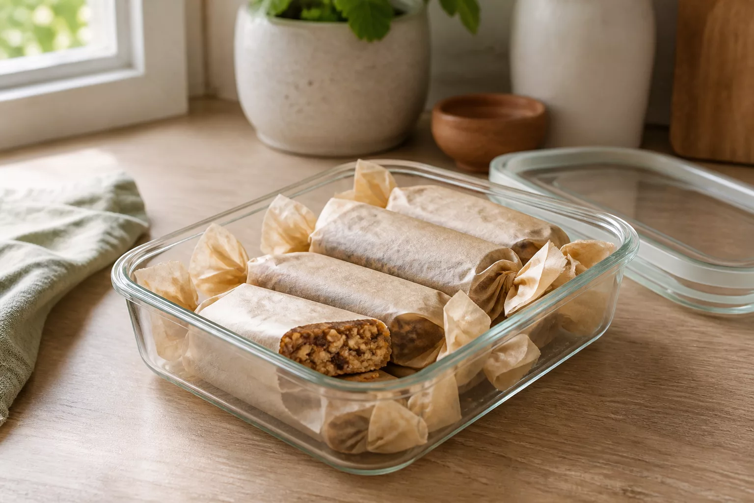 Einzeln verpackte Riegel liegen in einer offenen Vorratsdose