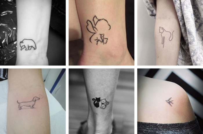 tattoos frauen, sechs bilder mit tieren, tierabzeichnungen, zwei katzen, hund, bär