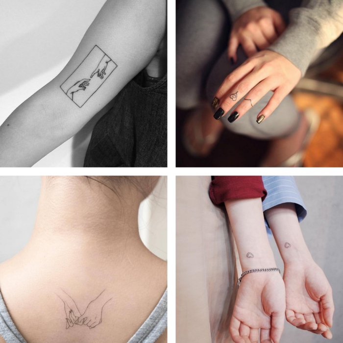 tattoo ideen zum entlehnen, vier bilder, zwei händen, symbole für liebe, herzchen