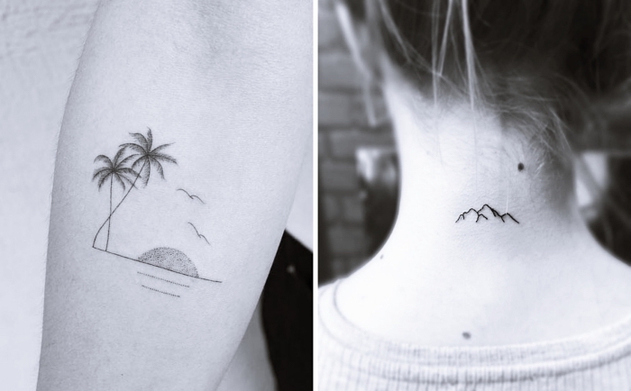 tattoo motive, palmen, insel, gebirge am nacken tätowieren, naturfreundliche tattoos