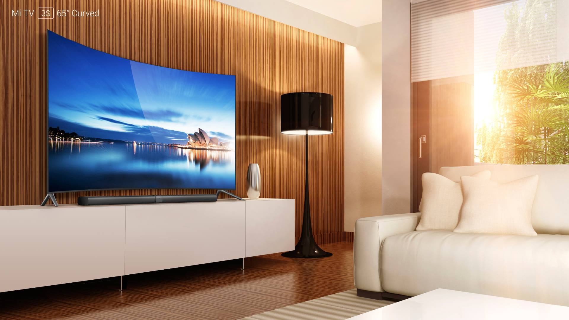 ein schöner Fernseher mit Lowboard, in einem modernen Wohnzimmer