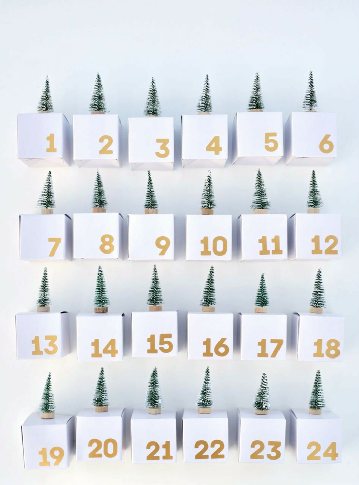 ein DIY Adventskalender aus kleinen Schachtel in weißer Farbe, kleine Bäumchen als Dekoration