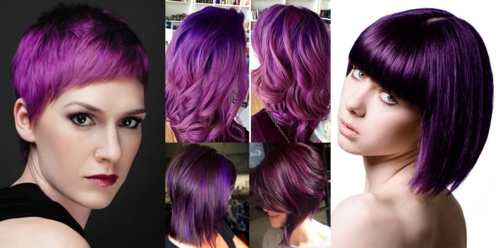 dunkel lila haare, kurzes haar stylen, bobfrisuren oder lange haarstyles sechs ideen in einem foto