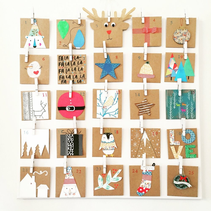 kleine braune Karten mit weihnachtlichen Motiven dekoriert, DIY Adventskalender für Kinder