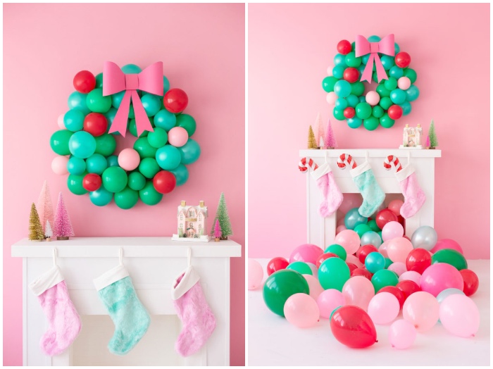 adventsdeko basteln, rosa wand, weiße kamin, kranz aus luftballons, schleife aus papier, partydeko