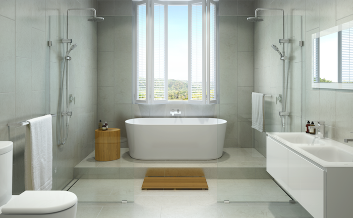 graues badezimmer mit einem großen fenster und eine weiße freistehende badewanne und weißem waschbecken