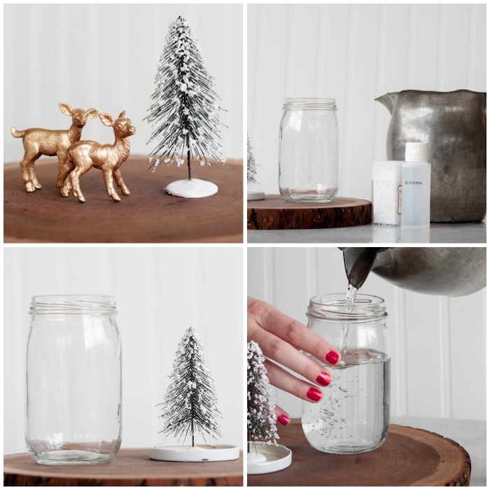 kleiner tnnenbaum, bastelideen weihnachten, goldene hirschen, einmachglas mit wasser füllen