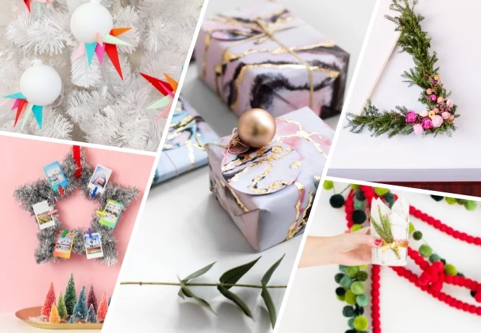 bastelideen zu weihnachten, geschenkverpackungen mit marmor muster, asymmetrische eihnachtskugel, moderne weihanchtsdeko