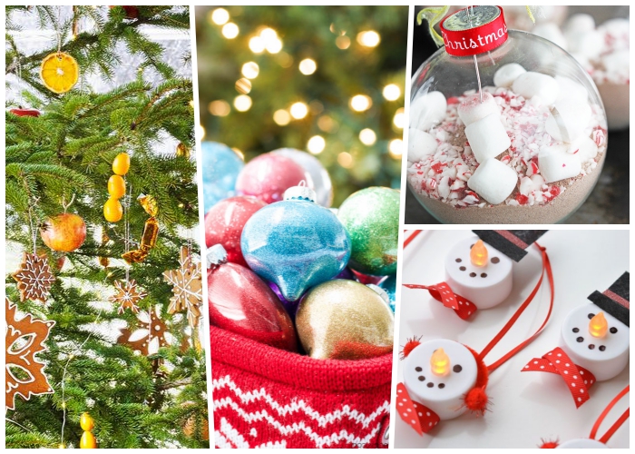 basteln weihnachten, tannenbaum dekoriert mit zitronen und keksen, weihnachtskugel gefüllt mit bonbons uns marshmallows