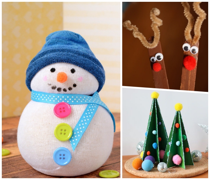 basteln weihnachten kinder, blaue mütze, schneemann aus weißer socke, 3d tannenbäume