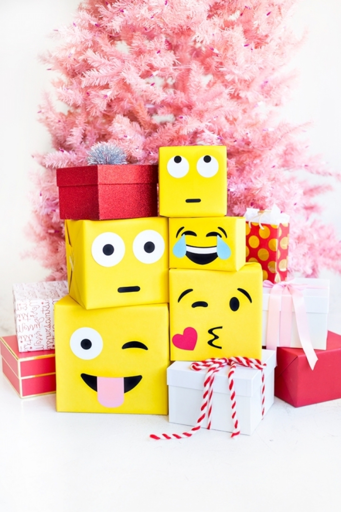 basteln weihnachten, rosa tannenbaum, geschenke originell verpacken, emoticons