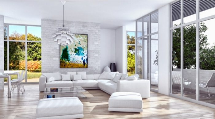 bilder wohnzimmer, einrichtung in weiß, farbenfrohes bild über dem sofa, einrichtungsideen
