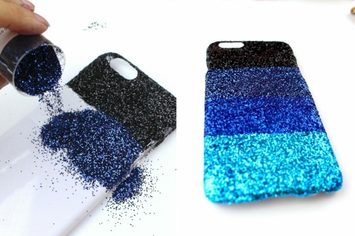 Mit blauen Glittern regelmäßig bestreuen, Handyhüllen selbst gestalten, Ombre Effekt mit blauen Schattierungen