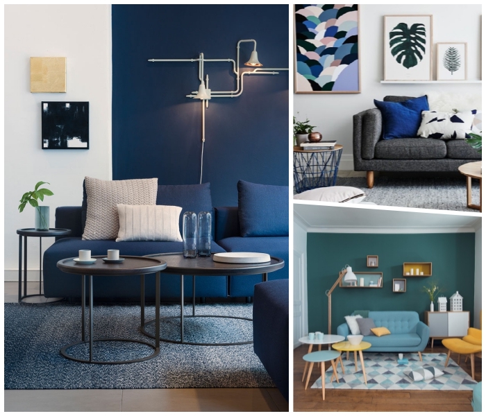 deko wohnzimmer modern, blaue wände, deometrische wandlampen, einrichtungsideen