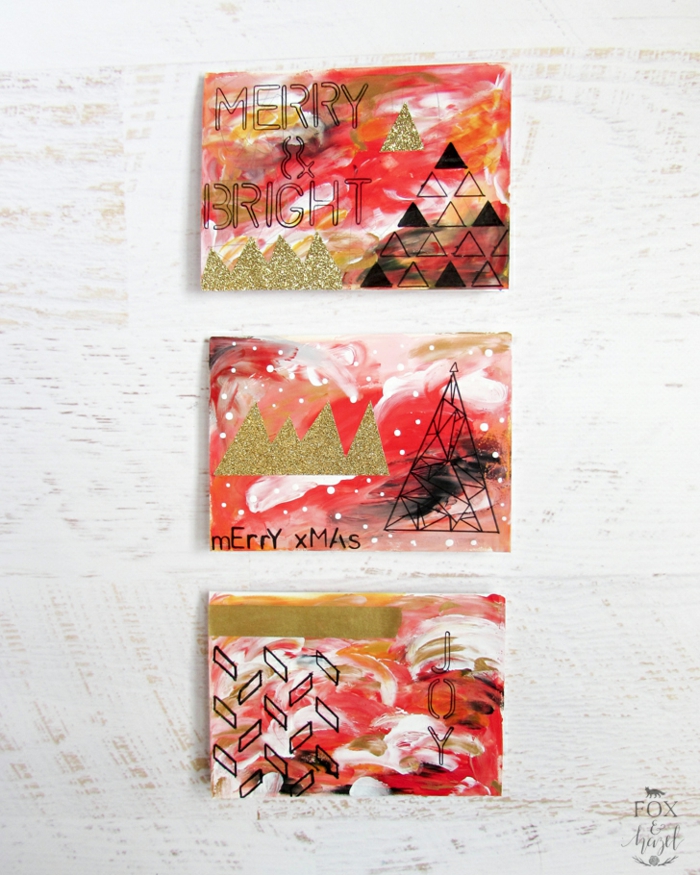 drei Karten mit Glückwünsche zu Weihnachten, rote Karten, Weihnachtskarten drucken
