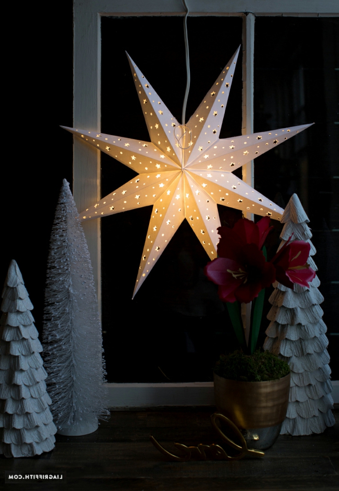 bildschöner Stern, Bastelideen Weihnachten, eine perfekte Weihnachtsdeko mit Muster von Sternchen