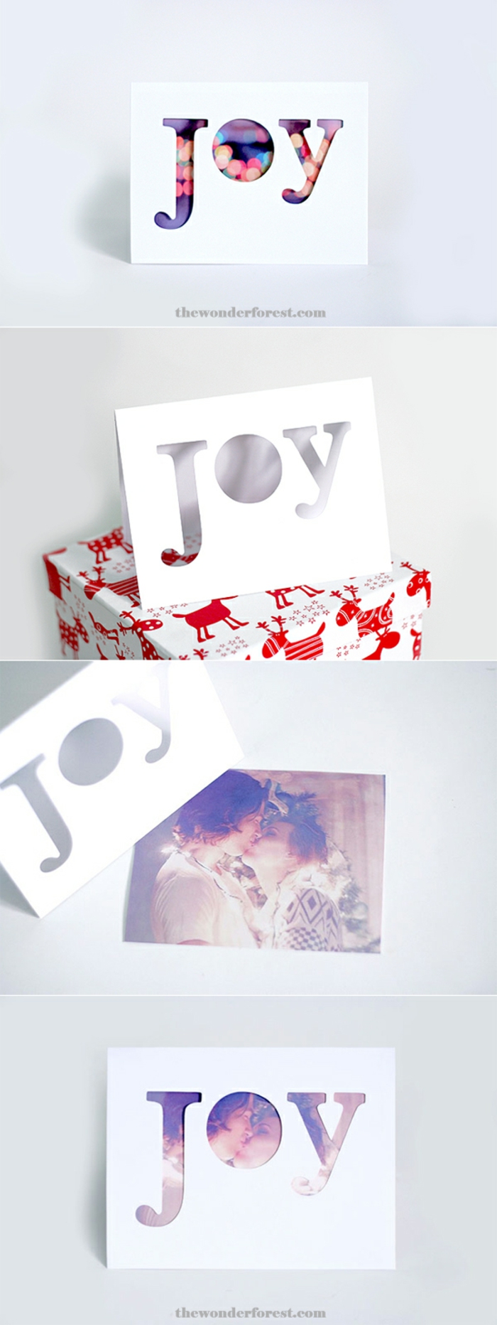 Weihnachtskarten mit Foto, das Wort JOY zeigt das Wichtigste vom Foto, ein junges Paar