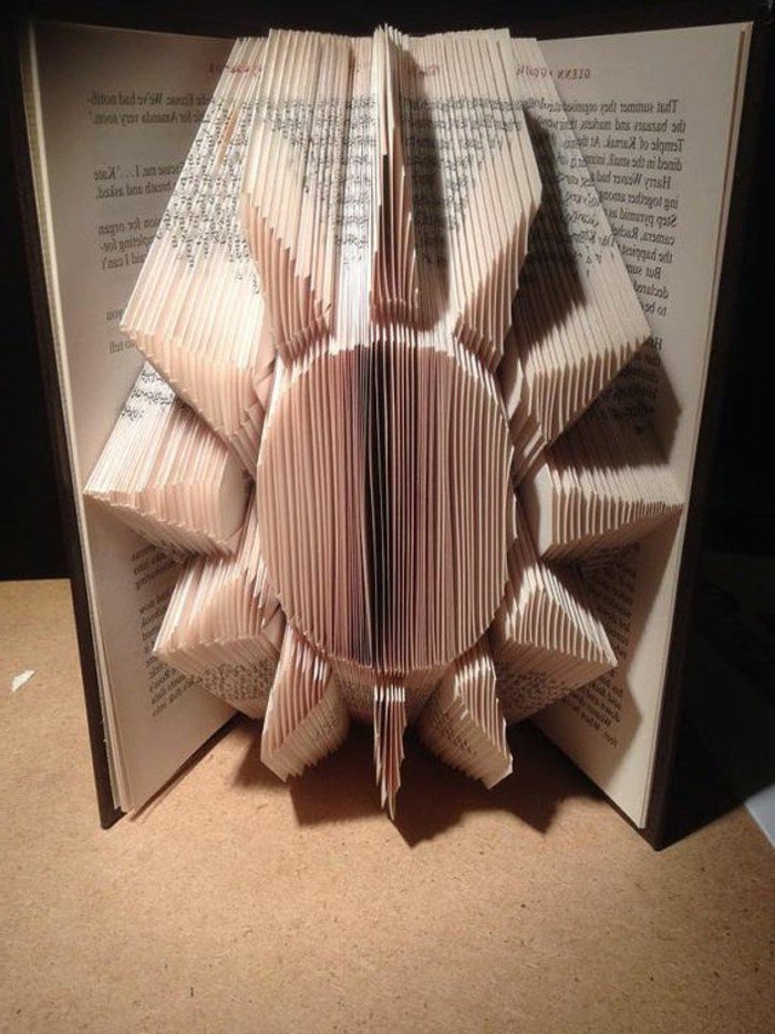 eine Sonne aus Papier mit vielen Strahlen, Buchseiten falten, ein bildschönes Bastelprojekt