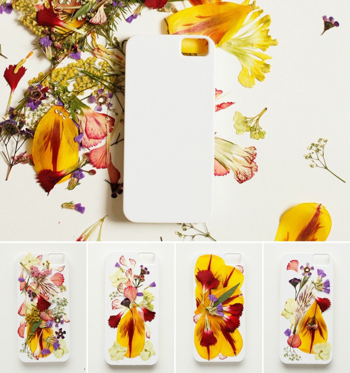 Handyhülle bedrucken, mit trockenen Blumen verschiedenen Designs schaffen, gelbe und rote Blumen
