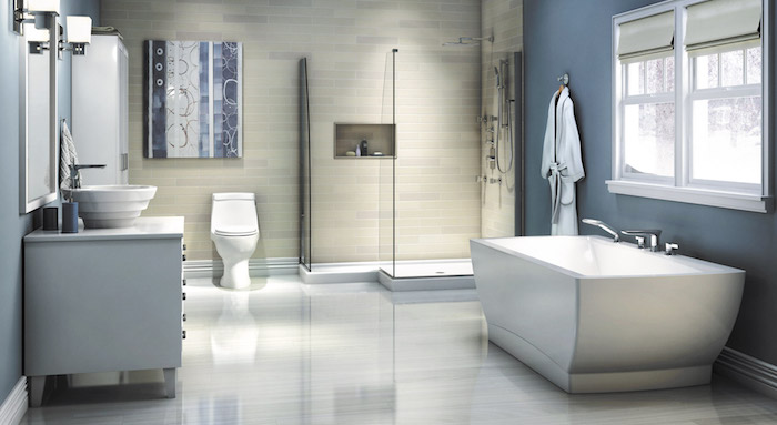 weiße freistehende badewanne im b´badezimmer mit weißem waschbecken und blauen wänden, moderne badezimmer einrichten