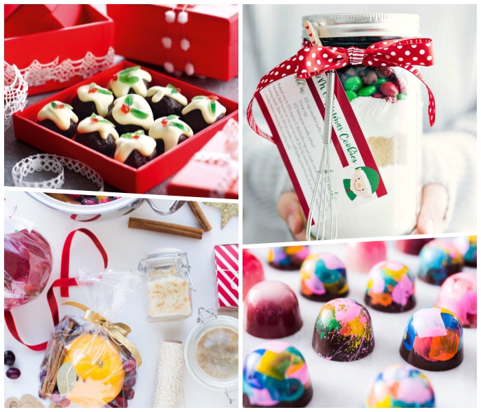 geschenke aus der küche, rote box mit schokoladenpralinen, einmachglas mit bonbons, geschenkideen