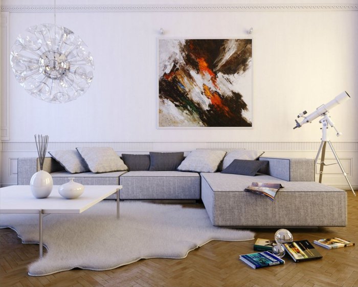 graues Sofa, weißer Teppich, ein weißer Tisch, Wohnzimmer gestalten Grau Weiß, abstraktes Bild