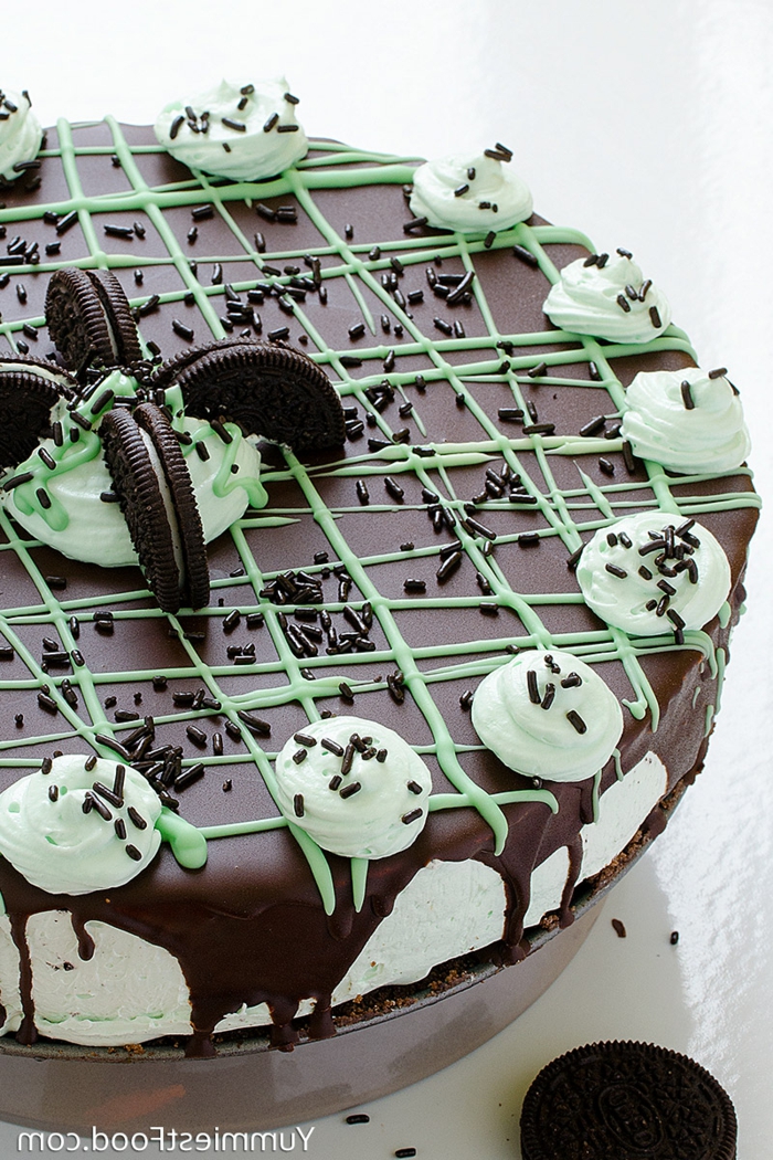 ein kleiner Kuchen, Oreo Keks Kuchen Rezept, grüner Topping wie Netz als Dekoration, Schokoladenglasur