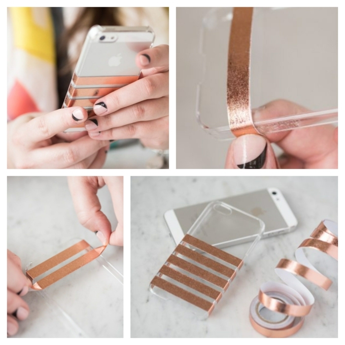Kollage von DIY Anleitung, iphone 6s handyhülle, aufgeklebte goldene Streifen auf durchsichtige Hülle 