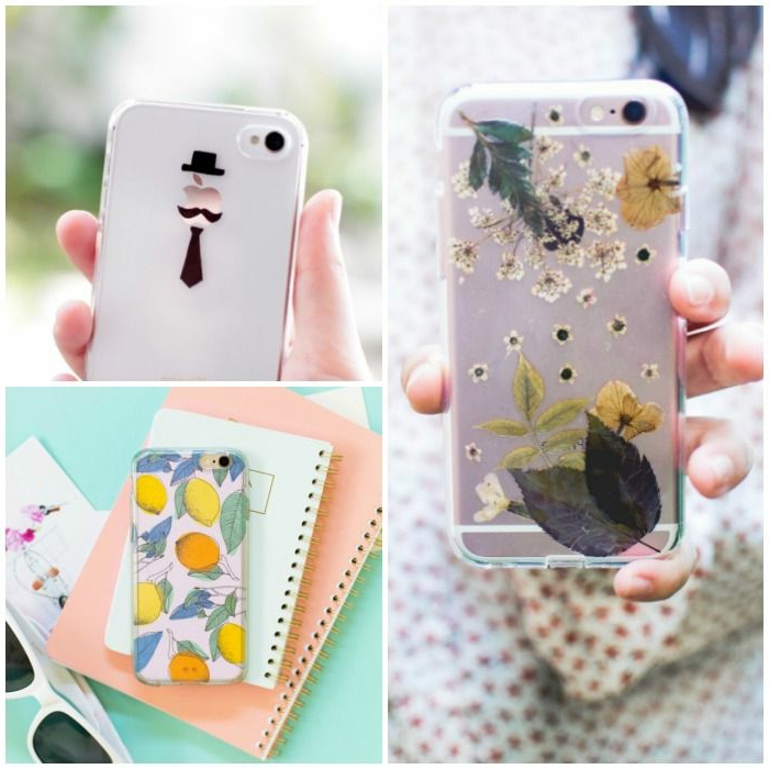 drei kreative Ideen, wie Sie Handyhüllen selber gestalten, mit Aufklebern und mit trockenen Blumen