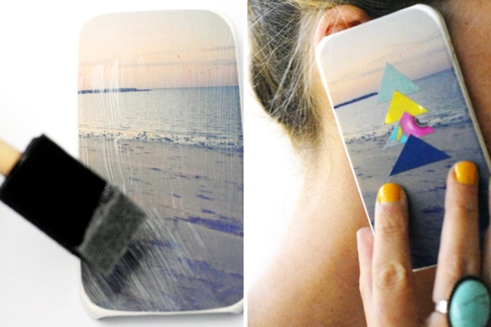 Handyhülle selber machen, ein Foto vom Meer, vier kleine bunte Dreiecken, kreatives Design