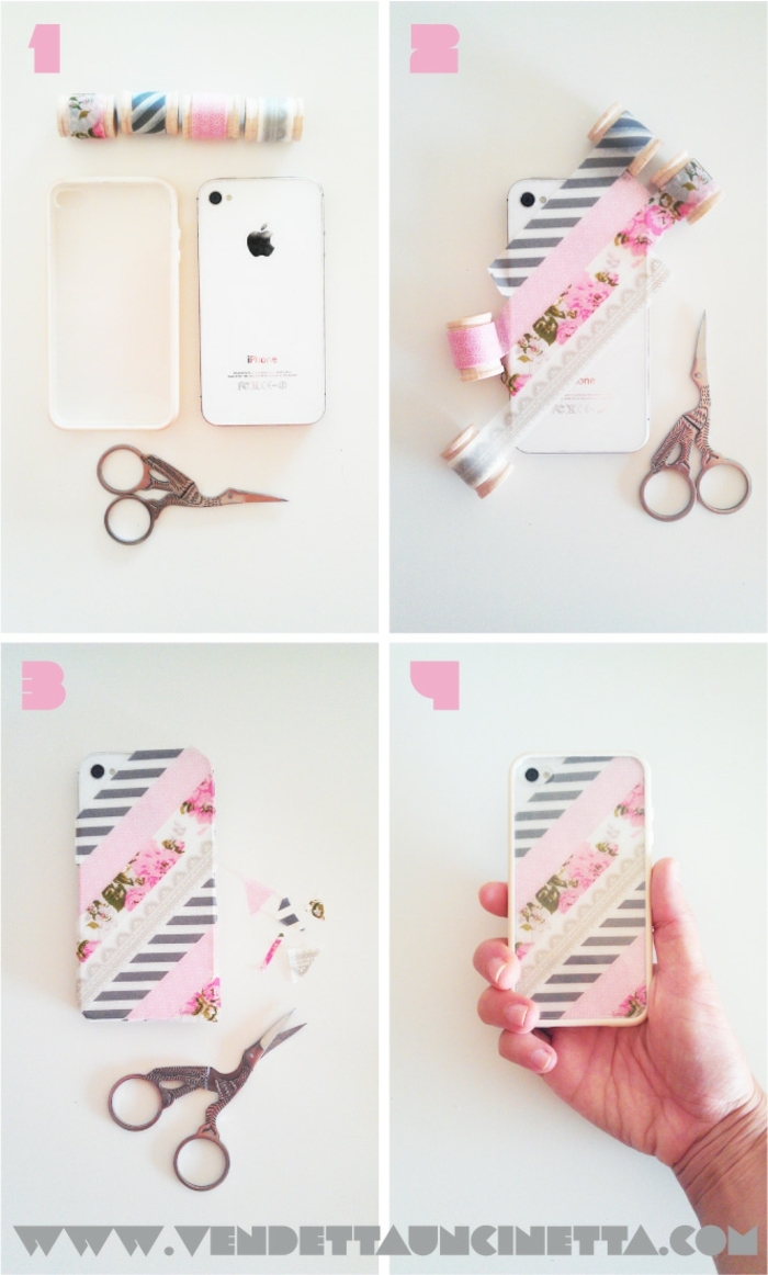 handyhülle personalisieren, silikon hülle dekoriert mit bunten Bänden in pink und mit blumen motive