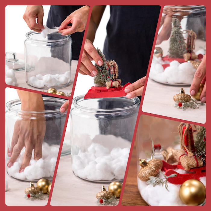 Schneekugel selber machen in fünf Schritten, Watte und Weihnachtsschmuck in großes Glas füllen 
