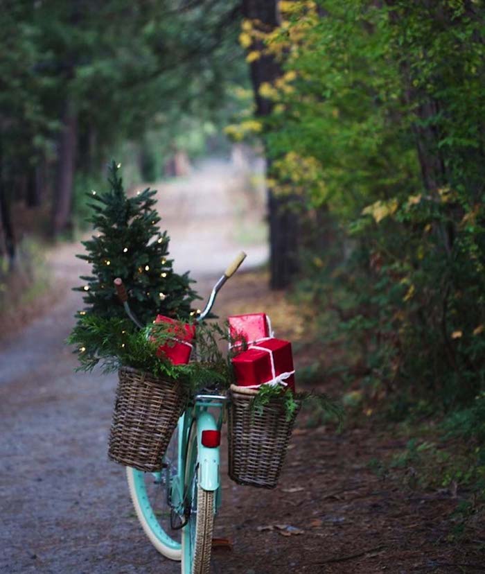 Fahrrad mit zwei Körben, Weihnachtsbaum und Geschenke darin, im Wald 