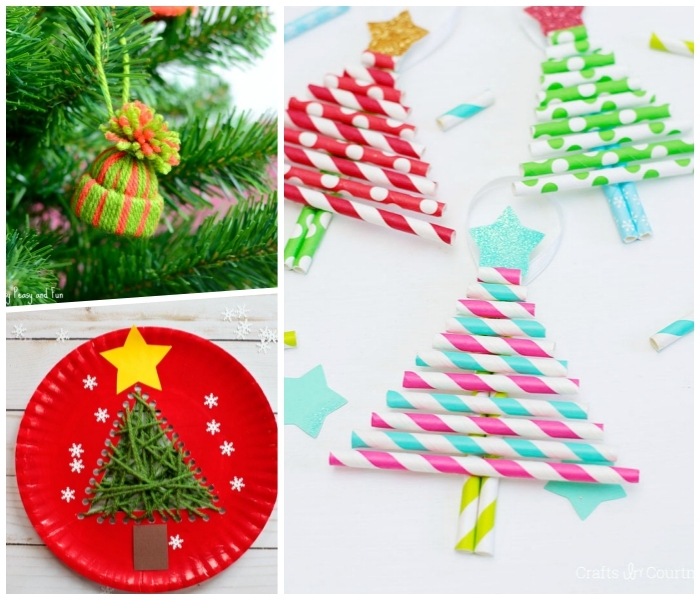 diy tannenbäume, weihnachten basteln, bunte stohhalme, roter teller, hut aus garn