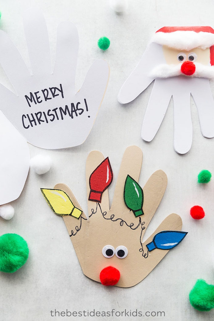 Zu Weihnachten basteln mit Kindern, Rudolph mit der roten Nase aus Handabdruck, basteln mit Papier 