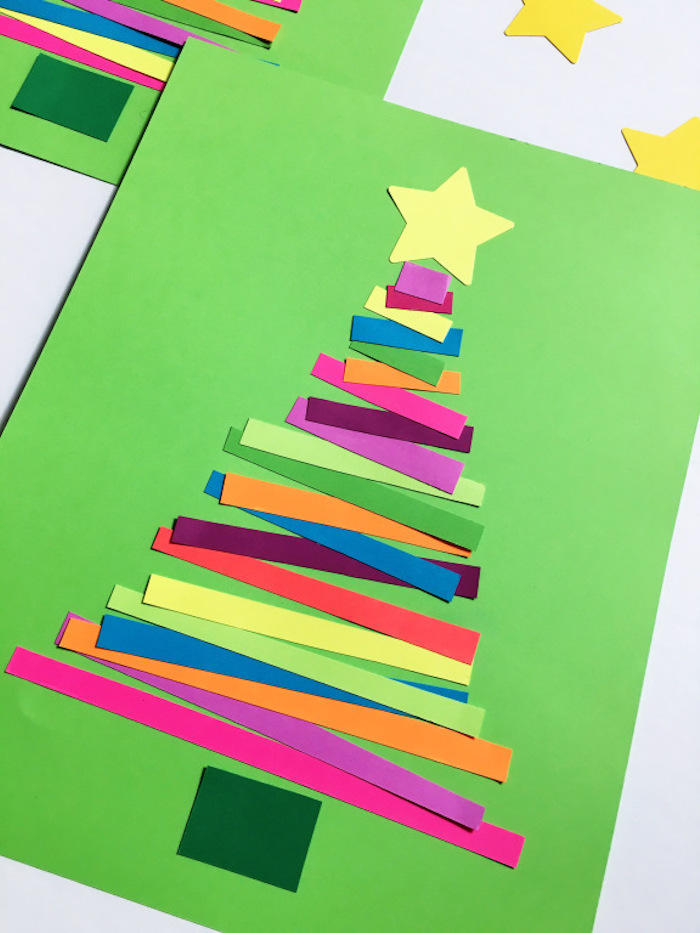 Weihnachtsbaum aus bunten Streifen, Weihnachtskarten mit Kindern basteln 