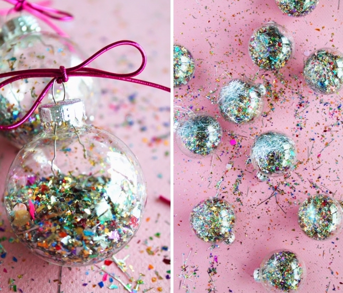 weihnachtsdeko basteln, transparente weihnachtskugeln, bunte konfetti, rosa schnur