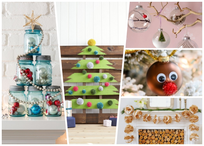 tannenbaum basteln, weihnachtsdeko modern, blaue einmachgläser, christbaum aus europalette, hirsch