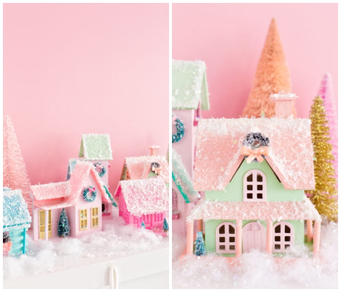 weihnachtsdeko selber basteln, rosa wand, häuser aus holz dekoriert mit kunstschnee