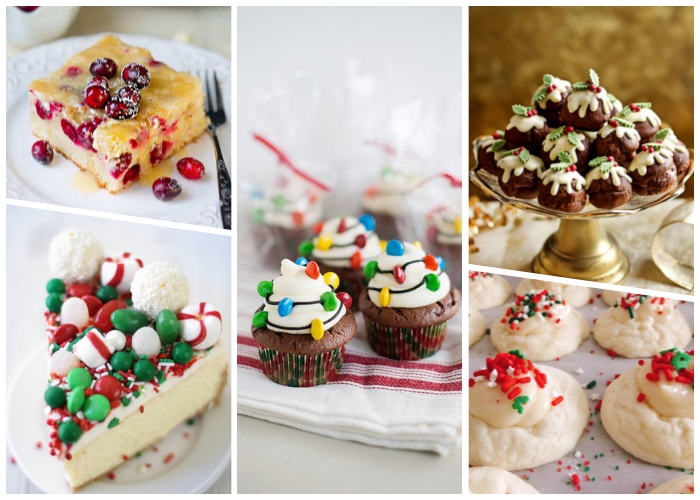 weihnachtsdessert zum vorbereiten, kuchen mit früchten, rote dekoriert mit bonbons, muffins mit schokoalde