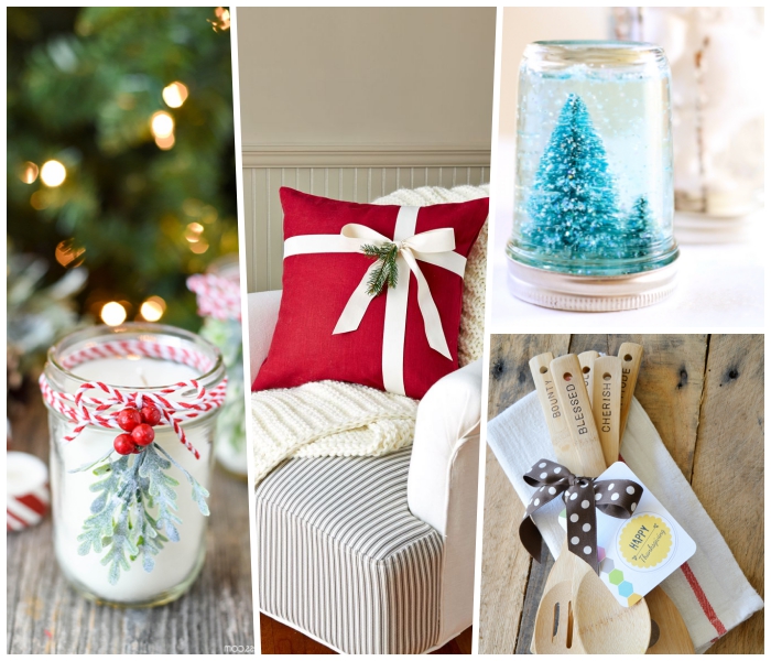 weihnachtsgeschenke selber basteln, schneekugel aus einmachglas, große weiße kerze, roter dekokissen
