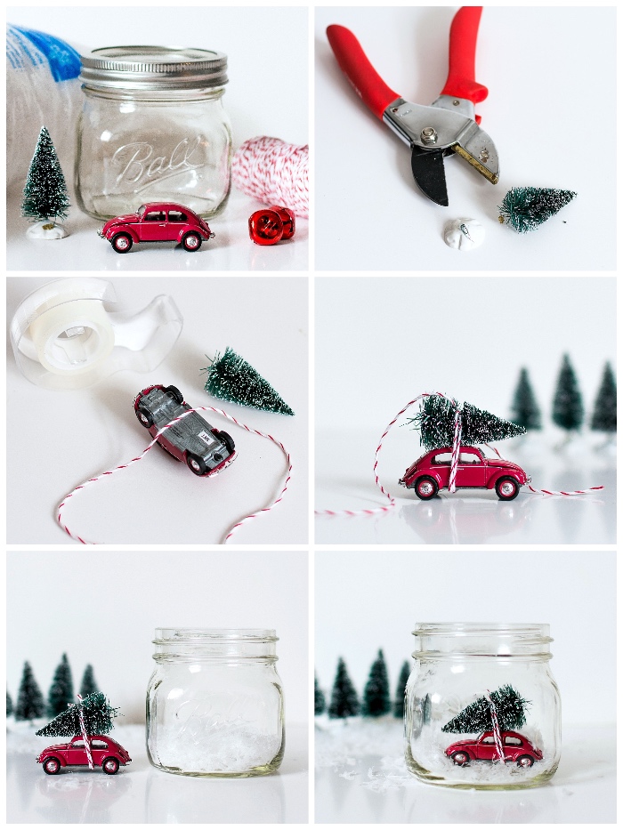 weihnachtsgeschenke selber machen, schneekugel basteln, rotes auto, kleines einmachglas