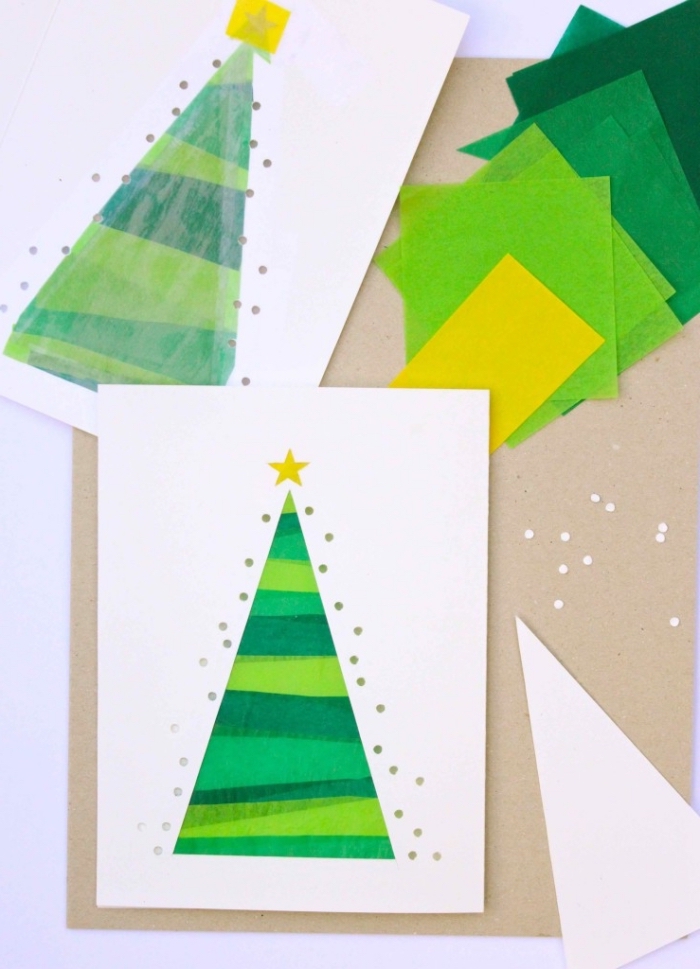 weihnachtsgeschenke selber machen, grünes und gelbes seidenpapier, selbstgemachte karten